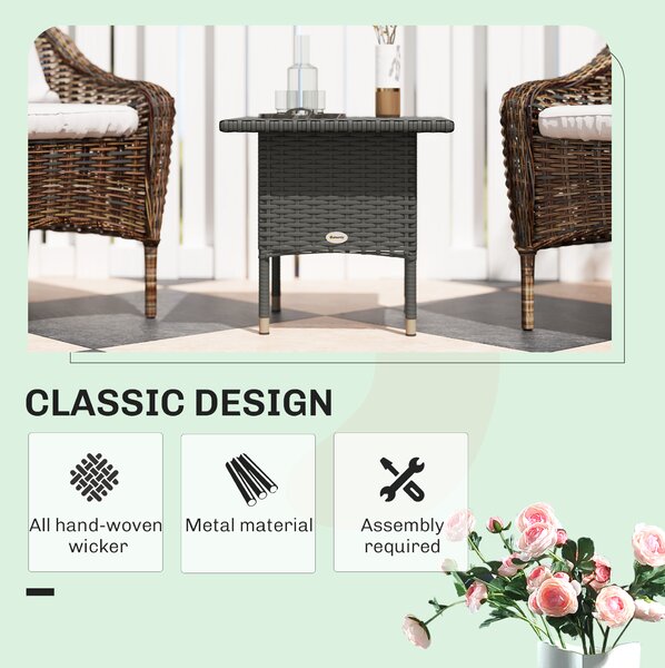 Outsunny Rattan Side Table, Outdoor Coffee Table with Plastic Board Under the Full Woven Table Top for Patio, Garden, Balcony, Grey