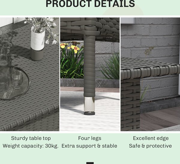 Outsunny Rattan Side Table, Outdoor Coffee Table with Plastic Board Under the Full Woven Table Top for Patio, Garden, Balcony, Grey
