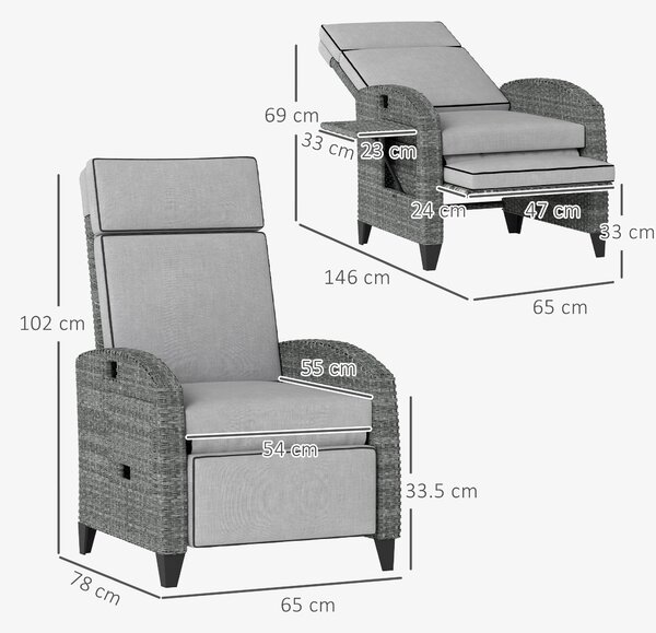 Outsunny Outdoor Recliner Chair with Adjustable Backrest and Footrest, Cushion, Side Tray, Light Grey