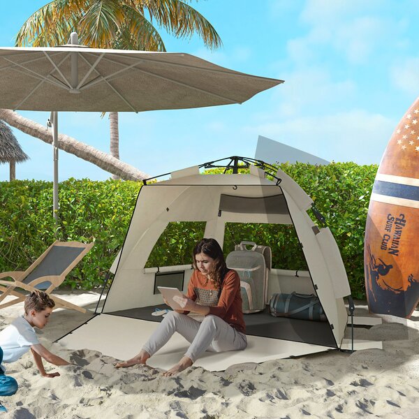 Outsunny 2-3 Person Pop Up Beach Tent, UPF15+ Sun Shelter with Extended Floor, Sandbags, Mesh Windows and Carry Bag, Khaki Aosom UK