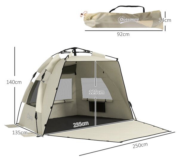 Outsunny 2-3 Person Pop Up Beach Tent, UPF15+ Sun Shelter with Extended Floor, Sandbags, Mesh Windows and Carry Bag, Khaki Aosom UK