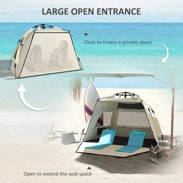 Outsunny 2-3 Person Pop Up Beach Tent, UPF15+ Sun Shelter with Extended Floor, Sandbags, Mesh Windows and Carry Bag, Khaki Aosom UK