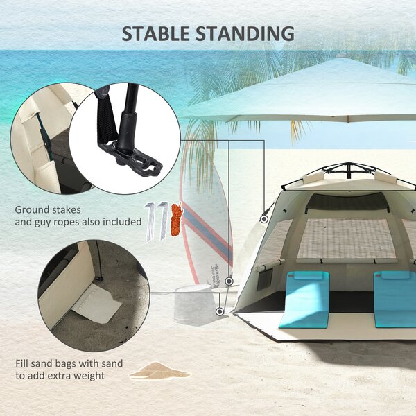 Outsunny 2-3 Person Pop Up Beach Tent, UPF15+ Sun Shelter with Extended Floor, Sandbags, Mesh Windows and Carry Bag, Khaki Aosom UK
