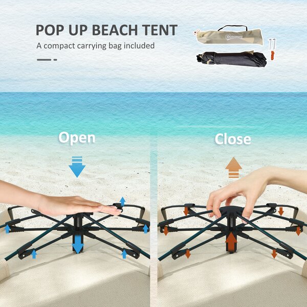 Outsunny 2-3 Person Pop Up Beach Tent, UPF15+ Sun Shelter with Extended Floor, Sandbags, Mesh Windows and Carry Bag, Khaki Aosom UK