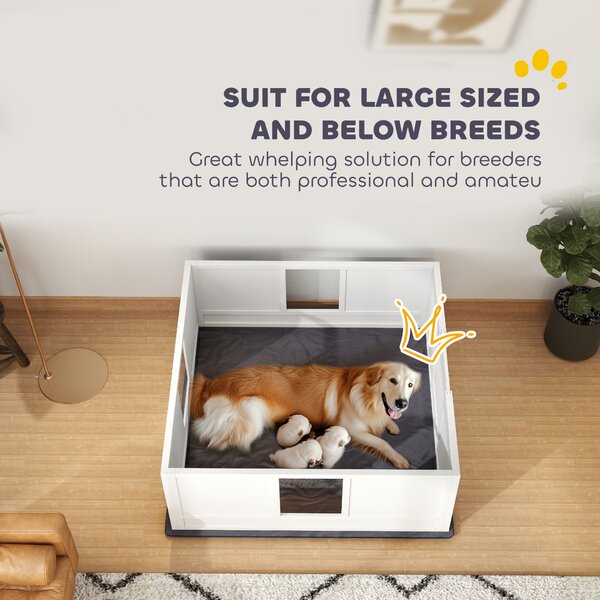 PawHut Whelping Box for Dogs with Whelping Pad, Adjustable Entrance, Non-slip Foot Pads, for Large Dogs, 124 x 120cm Aosom UK
