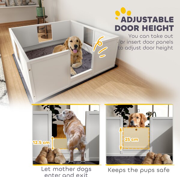 PawHut Whelping Box for Dogs with Whelping Pad, Adjustable Entrance, Non-slip Foot Pads, for Large Dogs, 124 x 120cm Aosom UK