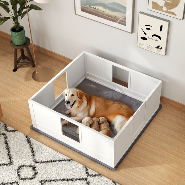 PawHut Whelping Box for Dogs with Whelping Pad, Adjustable Entrance, Non-slip Foot Pads, for Large Dogs, 124 x 120cm Aosom UK
