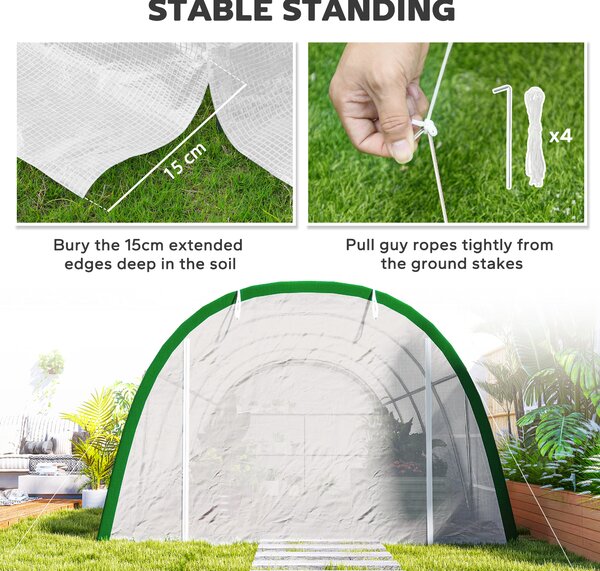 Outsunny Walk-in Polytunnel Greenhouse Tunnel Warm House Tent with Zipped Doors, 8 Mesh Windows, PE Cover, 6 x 3 m, White