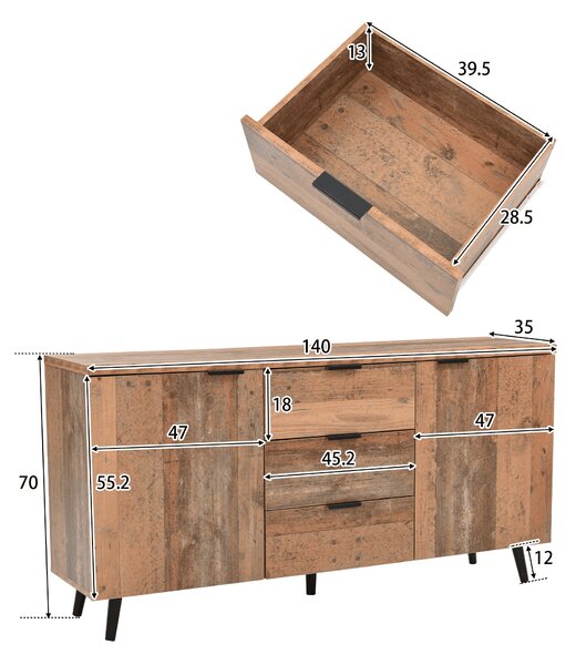 Vintage Sideboard Cabinet with Storage Drawers, Adjustable Shelves, Wood Chest of Drawers for Living Room, Kitchen, 140x35x70 cm, Brown Aosom.UK