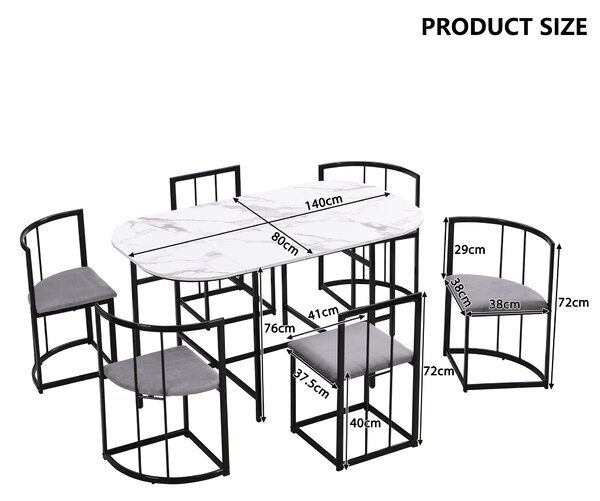 Modern Dining Table and 6 Chairs with Backrests and Upholstery, Dining Table Set with Marble Pattern, Gold Iron Frame, 140x80x76 cm, Black Aosom UK