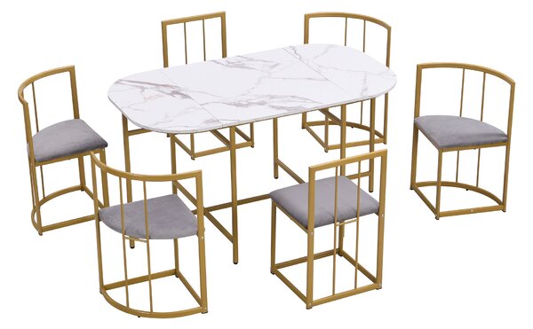 Modern Dining Table and 6 Chairs with Backrests and Upholstery, Dining Table Set with Marble Pattern, Gold Iron Frame, 140x80x76 cm, Gold Aosom UK