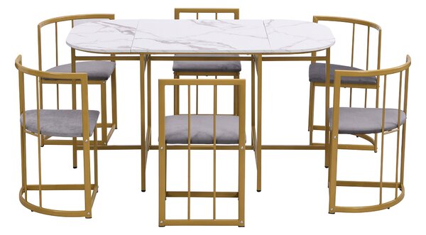 Modern Dining Table and 6 Chairs with Backrests and Upholstery, Dining Table Set with Marble Pattern, Gold Iron Frame, 140x80x76 cm, Gold Aosom UK
