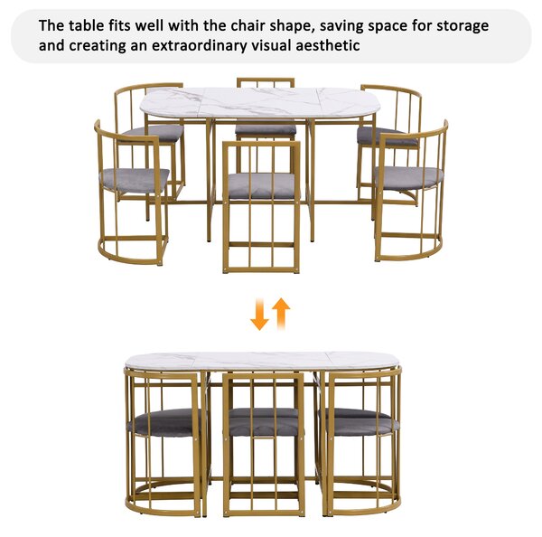Modern Dining Table and 6 Chairs with Backrests and Upholstery, Dining Table Set with Marble Pattern, Gold Iron Frame, 140x80x76 cm, Gold Aosom UK