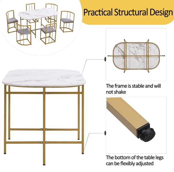 Modern Dining Table and 6 Chairs with Backrests and Upholstery, Dining Table Set with Marble Pattern, Gold Iron Frame, 140x80x76 cm, Gold Aosom UK