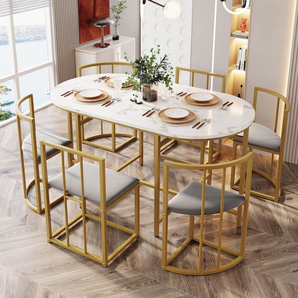 Modern Dining Table and 6 Chairs with Backrests and Upholstery, Dining Table Set with Marble Pattern, Gold Iron Frame, 140x80x76 cm, Gold Aosom UK