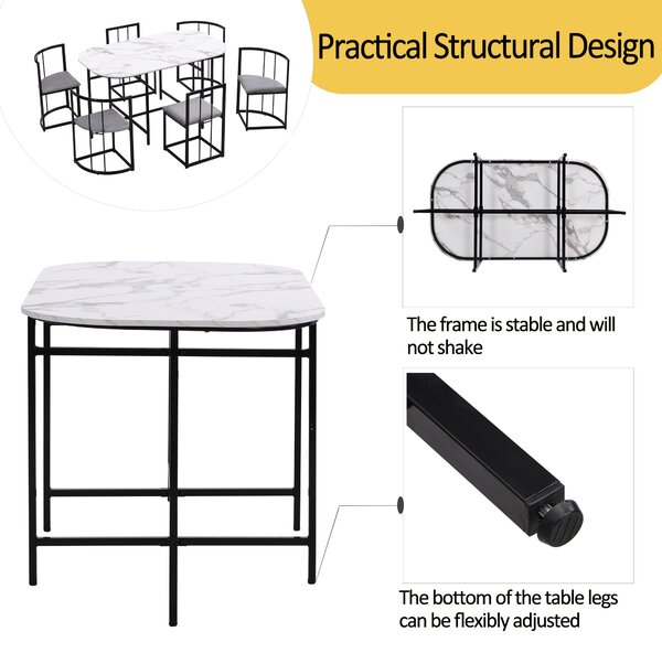 Modern Dining Table and 6 Chairs with Backrests and Upholstery, Dining Table Set with Marble Pattern, Gold Iron Frame, 140x80x76 cm, Black Aosom UK