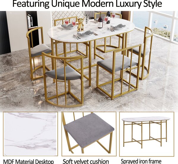 Modern Dining Table and 6 Chairs with Backrests and Upholstery, Dining Table Set with Marble Pattern, Gold Iron Frame, 140x80x76 cm, Gold Aosom UK