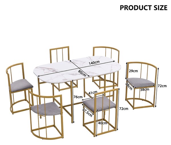 Modern Dining Table and 6 Chairs with Backrests and Upholstery, Dining Table Set with Marble Pattern, Gold Iron Frame, 140x80x76 cm, Gold Aosom UK