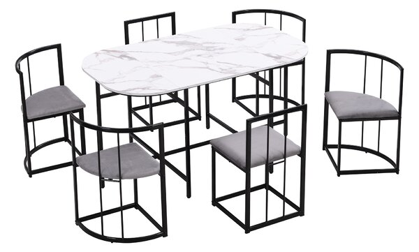 Modern Dining Table and 6 Chairs with Backrests and Upholstery, Dining Table Set with Marble Pattern, Gold Iron Frame, 140x80x76 cm, Black Aosom UK