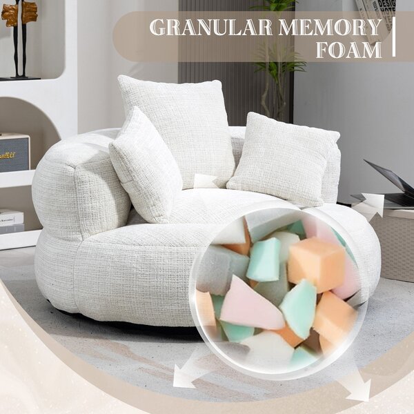 Modern Lazy Sofa Bean Bag Chair with Shredded Memory Foam, Chenille Fabric, Luxurious High Back Accent Chair, 108L x 108W x 52H cm, Beige Aosom UK