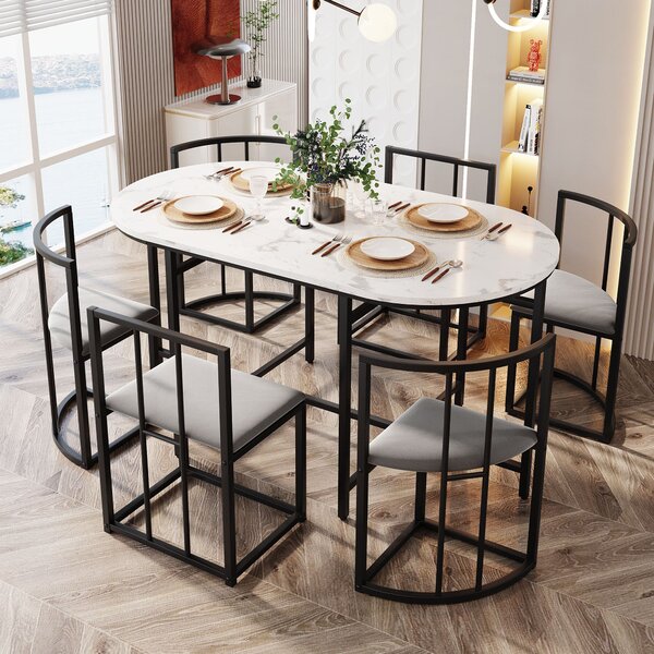 Modern Dining Table and 6 Chairs with Backrests and Upholstery, Dining Table Set with Marble Pattern, Gold Iron Frame, 140x80x76 cm, Black Aosom UK