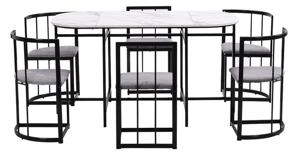 Modern Dining Table and 6 Chairs with Backrests and Upholstery, Dining Table Set with Marble Pattern, Gold Iron Frame, 140x80x76 cm, Black Aosom UK