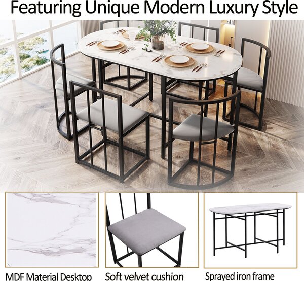Modern Dining Table and 6 Chairs with Backrests and Upholstery, Dining Table Set with Marble Pattern, Gold Iron Frame, 140x80x76 cm, Black Aosom UK