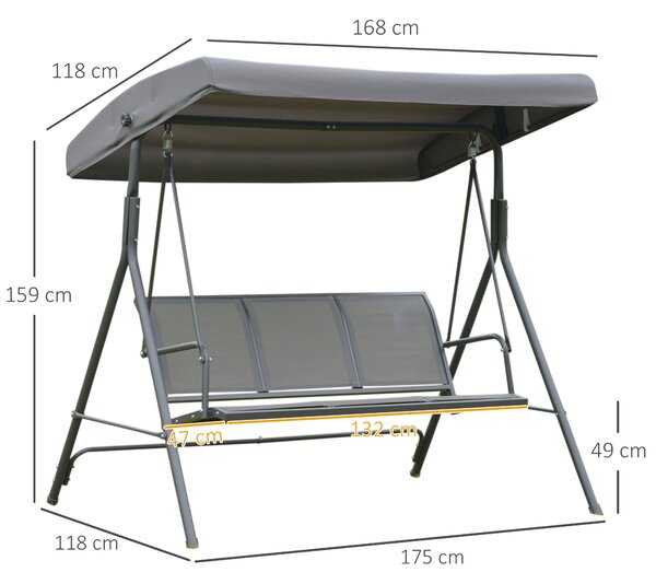 Outsunny Waterproof 3 Seater Swing Chair Garden Swing Seat Outdoor Hammock w/ Canopy Steel Frame - Grey Aosom UK