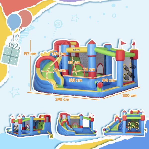 Outsunny 5 in 1 Kids Bounce Castle Large Castle Style Inflatable House Slide Trampoline Pool Water Gun Climbing Wall for Kids Age 3-8