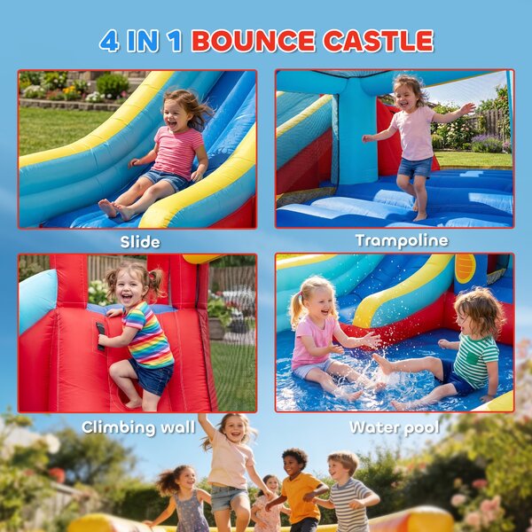 Outsunny 4 in 1 Bouncy Castle, with Slide, Pool, Trampoline, Climbing Wall, Blower - Multicoloured
