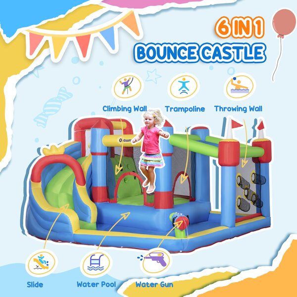 Outsunny 5 in 1 Kids Bounce Castle Large Castle Style Inflatable House Slide Trampoline Pool Water Gun Climbing Wall for Kids Age 3-8