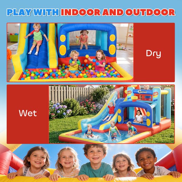 Outsunny 4 in 1 Bouncy Castle, with Slide, Pool, Trampoline, Climbing Wall, Blower - Multicoloured