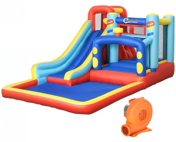 Outsunny 4 in 1 Bouncy Castle, with Slide, Pool, Trampoline, Climbing Wall, Blower - Multicoloured