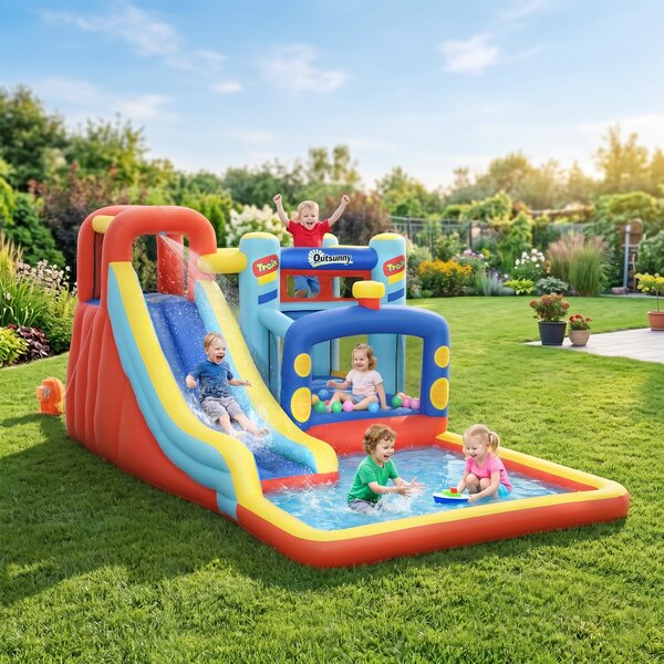 Outsunny 4 in 1 Bouncy Castle, with Slide, Pool, Trampoline, Climbing Wall, Blower - Multicoloured