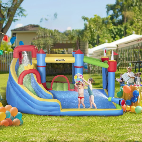 Outsunny 5 in 1 Kids Bounce Castle Large Castle Style Inflatable House Slide Trampoline Pool Water Gun Climbing Wall for Kids Age 3-8