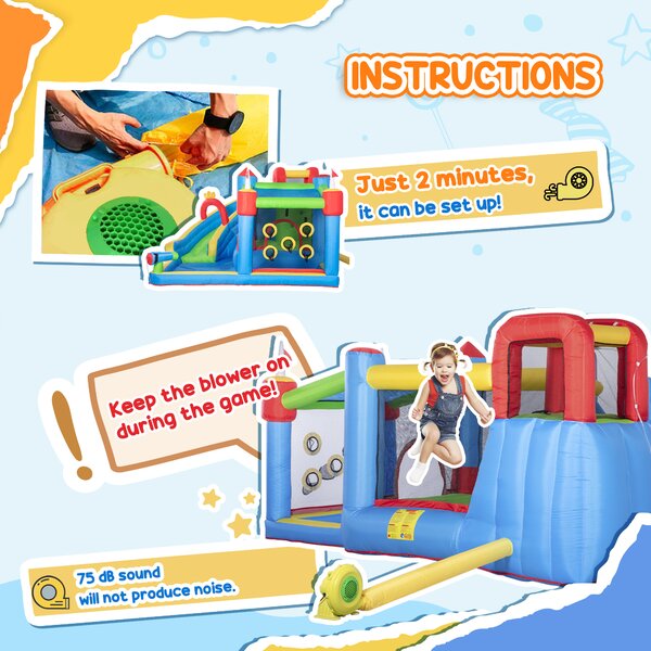 Outsunny 5 in 1 Kids Bounce Castle Large Castle Style Inflatable House Slide Trampoline Pool Water Gun Climbing Wall for Kids Age 3-8