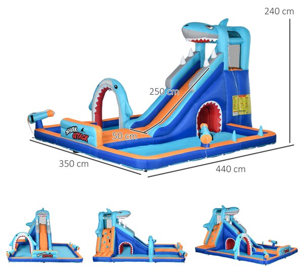 Outsunny 6 in 1 Shark-Themed Bouncy Castle, Inflatable Water Park, with Slide, Pool, Trampoline, Blower, for Ages 3-8 Years