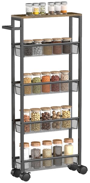 HOMCOM Slim Storage Trolley, 5-Tier Kitchen Cart on Wheels with Wood-effect Top, Handle for Living Room, Bathroom, Black