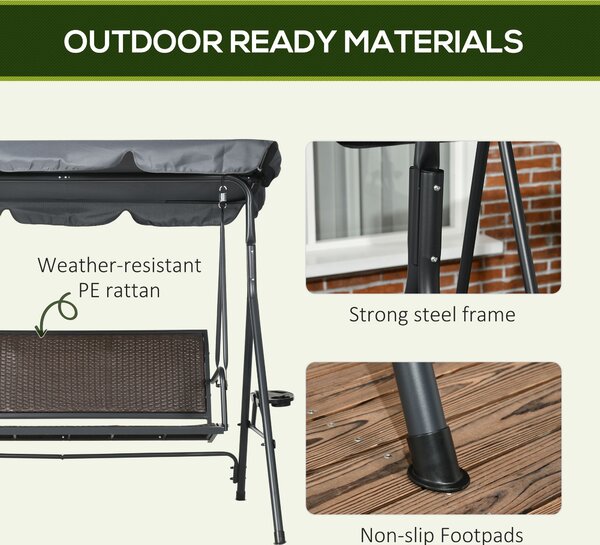 Outsunny 3 Seater Swing Chair, Garden Swing Seat Bench with Adjustable Canopy, Rattan Seat, and Steel Frame for Patio, Yard