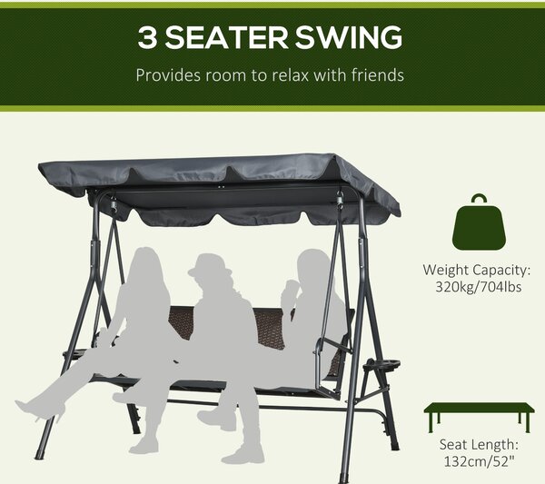 Outsunny 3 Seater Swing Chair, Garden Swing Seat Bench with Adjustable Canopy, Rattan Seat, and Steel Frame for Patio, Yard