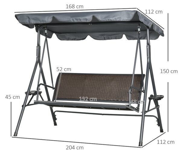 Outsunny 3 Seater Swing Chair, Garden Swing Seat Bench with Adjustable Canopy, Rattan Seat, and Steel Frame for Patio, Yard
