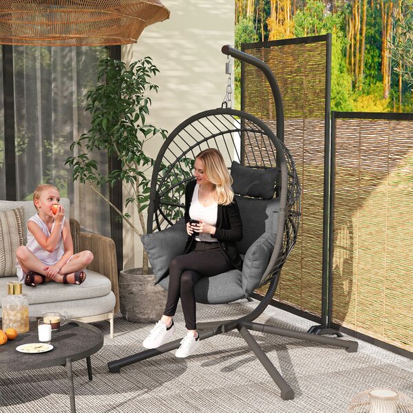 Outsunny Outdoor Swing Chair with Thick Padded Cushion, Patio Hanging Chair with Metal Stand, Foldable Basket, Cup Holder, Rope Structure
