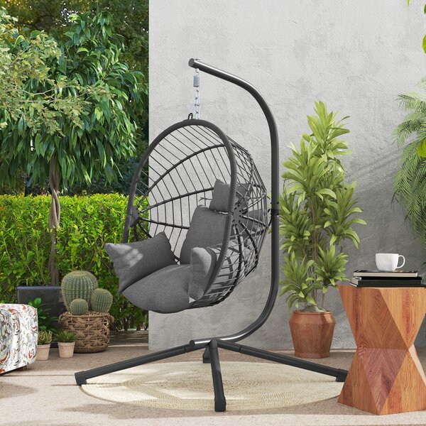 Outsunny Outdoor Swing Chair with Thick Padded Cushion, Patio Hanging Chair with Metal Stand, Foldable Basket, Cup Holder, Rope Structure
