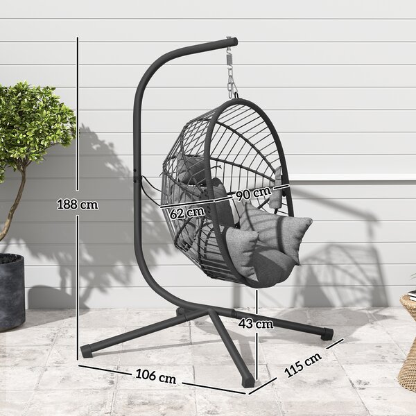 Outsunny Outdoor Swing Chair with Thick Padded Cushion, Patio Hanging Chair with Metal Stand, Foldable Basket, Cup Holder, Rope Structure