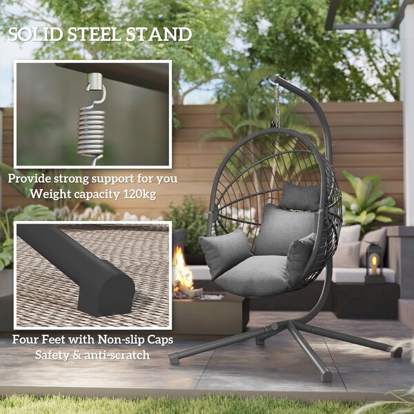 Outsunny Outdoor Swing Chair with Thick Padded Cushion, Patio Hanging Chair with Metal Stand, Foldable Basket, Cup Holder, Rope Structure