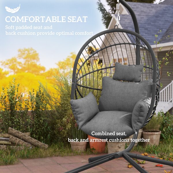 Outsunny Outdoor Swing Chair with Thick Padded Cushion, Patio Hanging Chair with Metal Stand, Foldable Basket, Cup Holder, Rope Structure