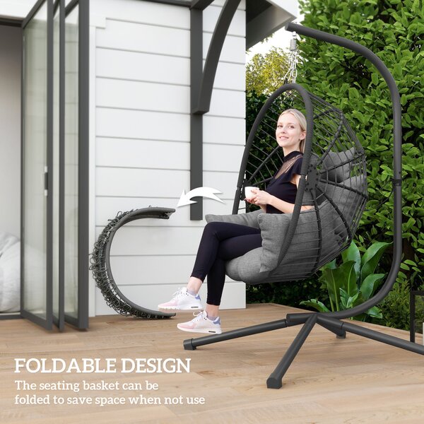 Outsunny Outdoor Swing Chair with Thick Padded Cushion, Patio Hanging Chair with Metal Stand, Foldable Basket, Cup Holder, Rope Structure
