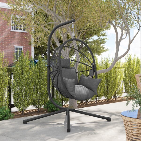 Outsunny Outdoor Swing Chair with Thick Padded Cushion, Patio Hanging Chair with Metal Stand, Foldable Basket, Cup Holder, Rope Structure