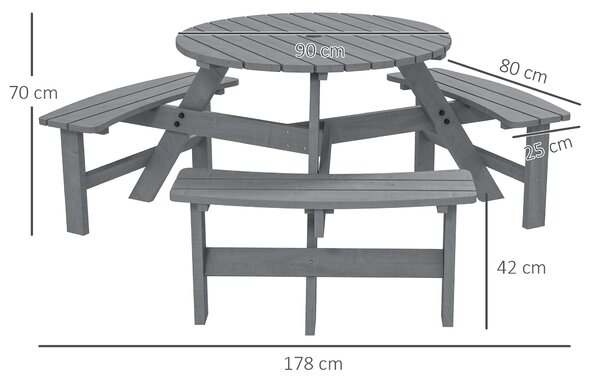 Outsunny 6 Seater Wooden Picnic Table and Bench Set Round Patio Dining Set with 3 Benches and Umbrella Hole Outdoor Garden Park, Grey