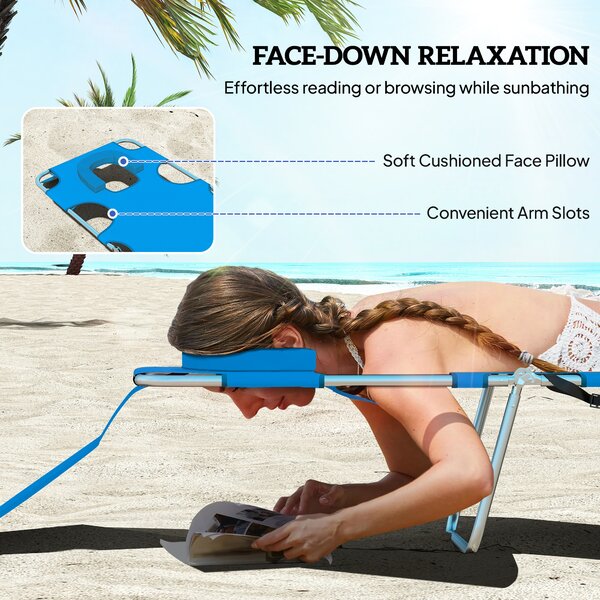 Outsunny Beach Chaise Lounge: Portable with Face Cavity, 5-Position Adjustable Backrest, Azure Blue Aosom UK